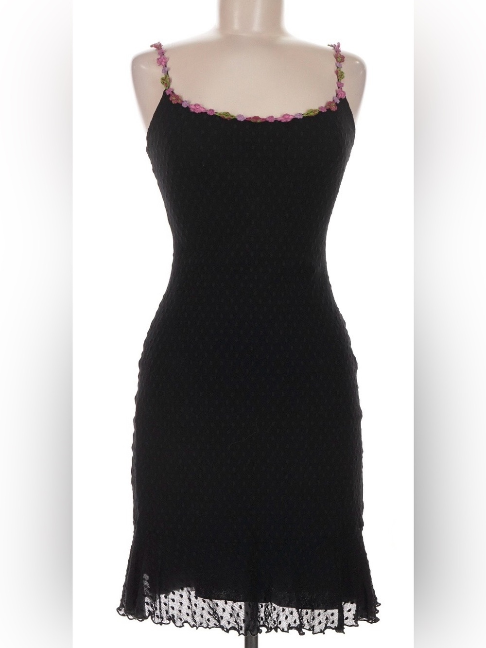Vintage 90s Y2K Betsey Johnson black Swiss dot crochet flower dress